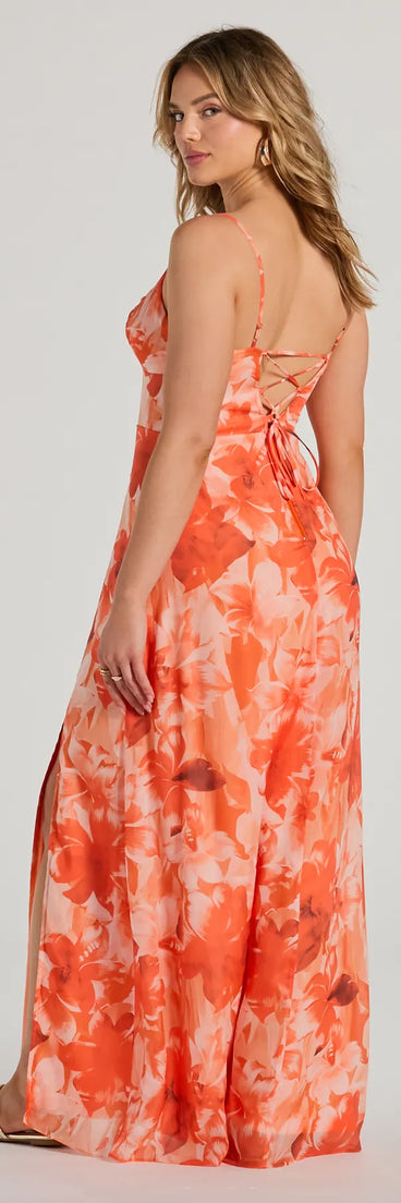 The Beauty So Unique Lace-Up Floral Chiffon Maxi Dress is a casual dress for more than special occasions with a fitted or flowy silhouette and accents in the most recent trends!