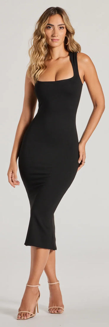 Feel instantly put-together in the Chic Look Square Neck Bodycon Knit Midi Dress in black, a stylish wedding guest dress designed for confident style and all-out celebration.