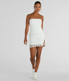 Make a bold statement in the Swoon Over You Strapless Lace Mini Dress in white, the perfect spring dress for weddings, cocktail hours, nights out, and/or seasonal celebrations.