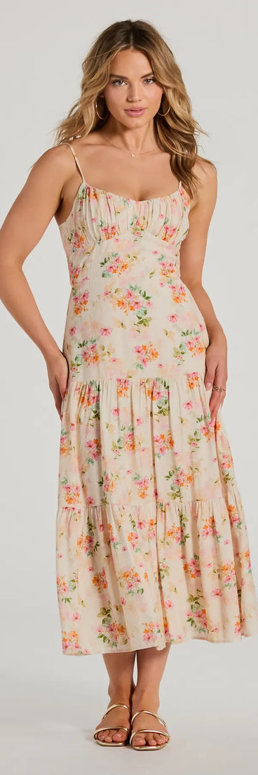 The midi dress length on the Soiree Hour Lace-Up Ruffled Floral Midi Dress provides an elevated silhouette perfect for any party, occasion, or everyday styling.