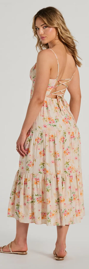 The Soiree Hour Lace-Up Ruffled Floral Midi Dress is a casual dress for more than special occasions with a fitted or flowy silhouette and accents in the most recent trends!