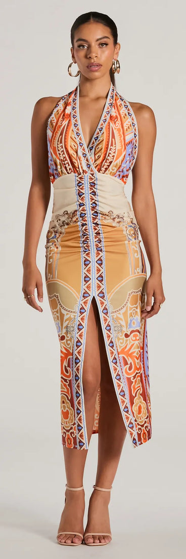 Vibrant Side Geometric Print Bodycon Midi Dress