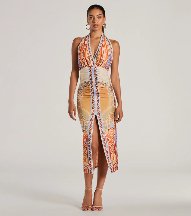 Vibrant Side Geometric Print Bodycon Midi Dress