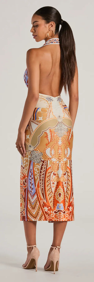 Vibrant Side Geometric Print Bodycon Midi Dress