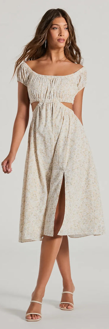 The midi dress length on the Watch Me Bloom Off-The-Shoulder Floral Midi Dress provides an elevated silhouette perfect for any party, occasion, or everyday styling.