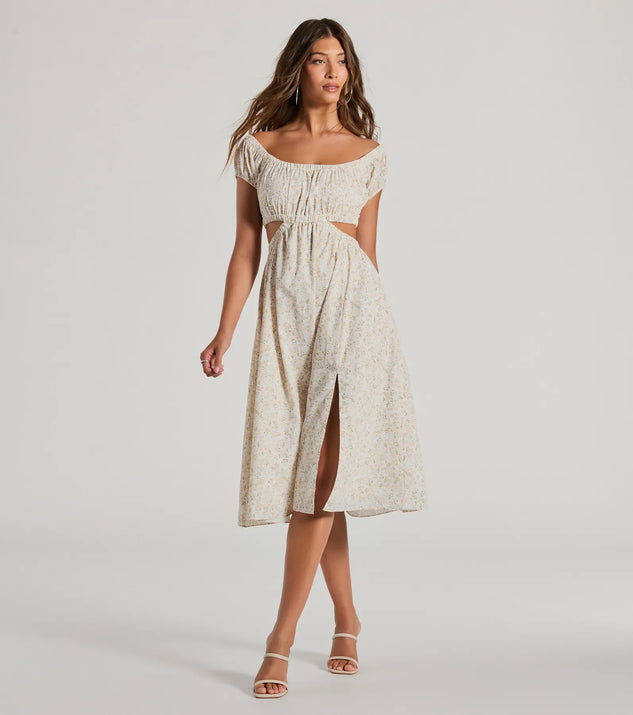The midi dress length on the Watch Me Bloom Off-The-Shoulder Floral Midi Dress provides an elevated silhouette perfect for any party, occasion, or everyday styling.