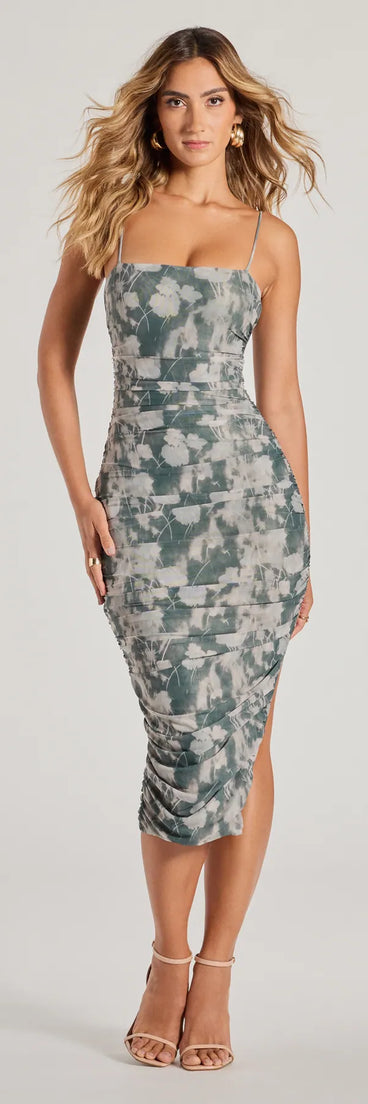 Feel confident and photo-ready in the Blossom In Style Mesh Floral Midi Dress, a sage green graduation dress perfect for 2025 ceremonies and parties.