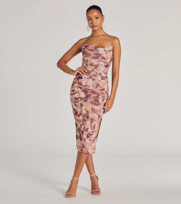 Spaghetti Strap Tight Fitting Midi Dresses Floral Energy Lace-Up Bodycon Slit Midi Dress Windsor Spaghetti Strap Tight Fitting Midi Dresses Floral Energy Lace-Up Bodycon Slit Midi Dress Windsor