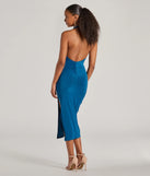 Celebrate in style with the Arrive Like A Vision Scoop Halter Midi Dress, a teal formal wedding guest dress featuring an elegant silhouette and luxe details, perfect for a black-tie celebration.