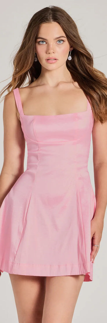 Bring a fun and feminine vibe with the Fanciful Charm Tie-Back A-Line Taffeta Mini Dress, a scroll-stopping style from Windsor's pink homecoming dress collection that brings playful charm to every HOCO moment.