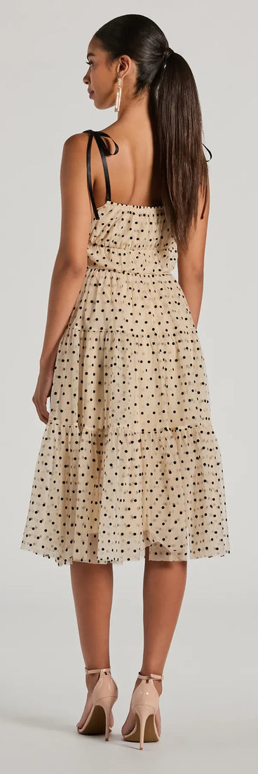 The Timeless Look Bow Strap Polka Dot Tulle Midi Dress as your wedding guest dress with a stylish neckline and/or sleeves and elevated details on the back and front will make you the best dressed at any event!