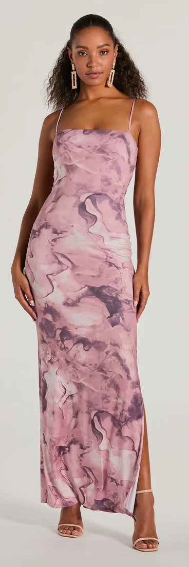 The Outside The Lines Tie Back Slit Marble Maxi Dress is a pink dress, an essential holiday or NYE dress that pairs chic style with versatility making it perfect for cocktail events, New Year's Eve parties, or as a winter wedding guest look.