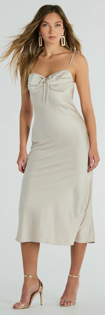 Perfectly Poised Pleated Open Back Satin Midi Dress