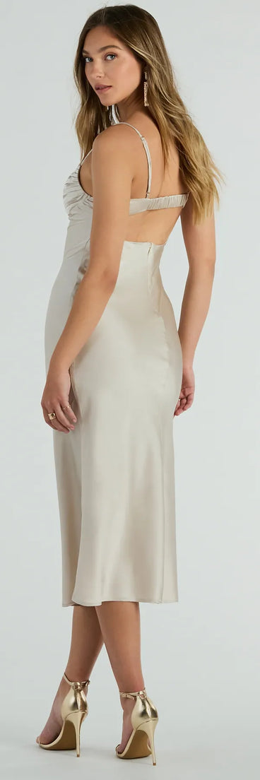 Perfectly Poised Pleated Open Back Satin Midi Dress