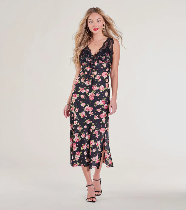 With its mid-calf hem and popular flattering fit, the Sunset Dinner Lace V-Neck Floral Satin Midi Dress in black nails the balance of trend and ease, redefining go-to midi dresses for any occasion.