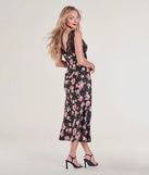 Celebrate the special day in the Sunset Dinner Lace V-Neck Floral Satin Midi Dress, a black country wedding guest dress with soft, romantic details that blend charm and sophistication.