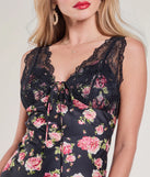 Make a bold statement in the Sunset Dinner Lace V-Neck Floral Satin Midi Dress in black, the perfect summer dress for weddings, cocktail hours, nights out, and/or seasonal celebrations.