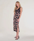 Celebrate the special day in the Sunset Dinner Lace V-Neck Floral Satin Midi Dress, a black country wedding guest dress with soft, romantic details that blend charm and sophistication.