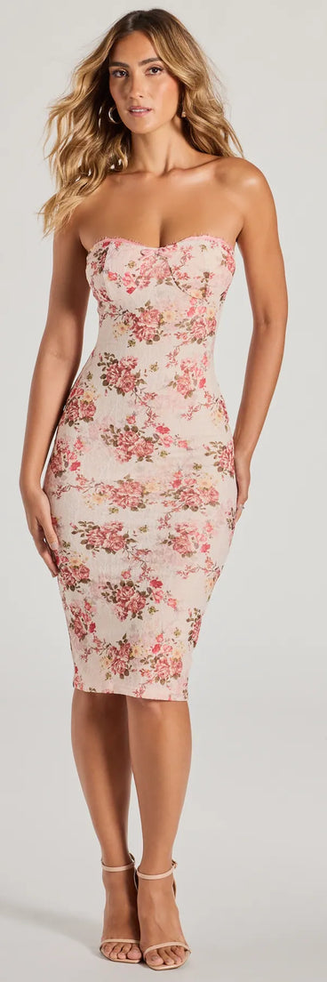 Step into milestone moments with the Floral Allure Strapless Lace Midi Dress, a standout in ivory dresses perfect for birdal showers, Easter celebrations, and 2025 grad looks.