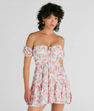 Step into winter chic with the Profound Bloom Off-The-Shoulder Floral Skater Dress, a ivory mini dress featuring an above-the-knee cut ideal for cocktail parties, festive gatherings, or clubwear.