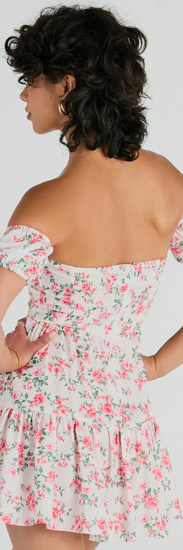 The Profound Bloom Off-The-Shoulder Floral Skater Dress is a mini dress in ivory, perfect for an above-the-knee holiday party dress or a stylish NYE look, with a short hemline designed to make a winter statement.