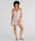 The Profound Bloom Off-The-Shoulder Floral Skater Dress is a stunning ivory mini dress with a short hem, designed to be the perfect winter cocktail dress or night-out look for the holiday season.