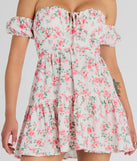 Step into winter chic with the Profound Bloom Off-The-Shoulder Floral Skater Dress, a ivory mini dress featuring an above-the-knee cut ideal for cocktail parties, festive gatherings, or clubwear.