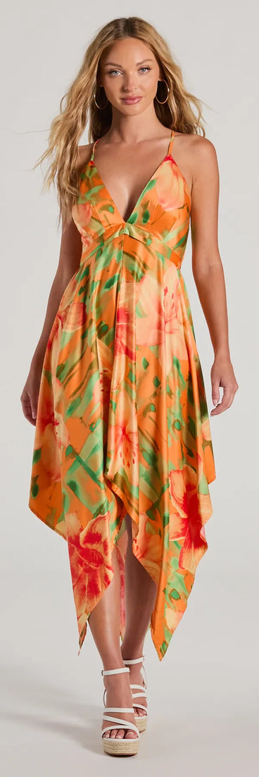 The midi dress length on the Paradise Bound Tropical Floral Satin Midi Dress provides an elevated silhouette perfect for any party, occasion, or everyday styling.