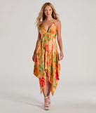 The midi dress length on the Paradise Bound Tropical Floral Satin Midi Dress provides an elevated silhouette perfect for any party, occasion, or everyday styling.