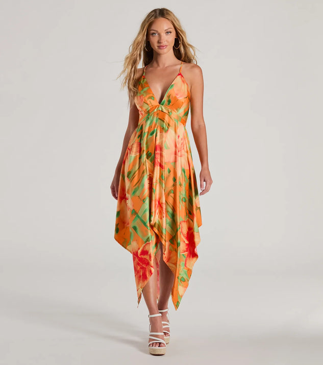 The midi dress length on the Paradise Bound Tropical Floral Satin Midi Dress provides an elevated silhouette perfect for any party, occasion, or everyday styling.