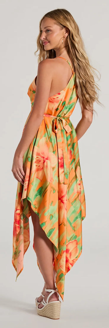 The midi dress length on the Paradise Bound Tropical Floral Satin Midi Dress provides an elevated silhouette perfect for any party, occasion, or everyday styling.