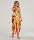 The midi dress length on the Paradise Bound Tropical Floral Satin Midi Dress provides an elevated silhouette perfect for any party, occasion, or everyday styling.