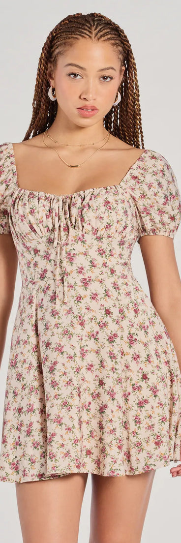 Make a bold statement in the Prettiest Darling Puff Sleeve Floral Skater Dress in natural, the perfect summer dress for weddings, cocktail hours, nights out, and/or seasonal celebrations.