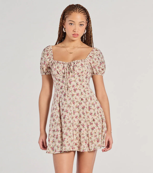 Make a bold statement in the Prettiest Darling Puff Sleeve Floral Skater Dress in natural, the perfect spring dress for weddings, cocktail hours, nights out, and/or seasonal celebrations.