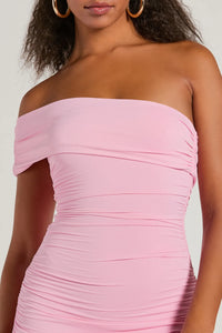 one shoulder scrunch self belted bodycon dress SnatchedKnit One-Shoulder Knee Dress Brown / XS/S