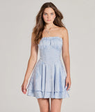 Step into seasonal chic with the Sweet Status Floral Satin Corset Skater Dress, a light blue mini dress featuring an above-the-knee cut ideal for cocktail parties, festive gatherings, or clubwear.