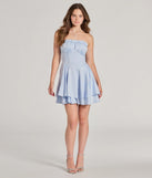 Make a bold statement in the Sweet Status Floral Satin Corset Skater Dress in light blue, the perfect spring dress for weddings, cocktail hours, nights out, and/or seasonal celebrations.