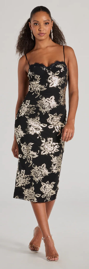 With its mid-calf hem and popular flattering fit, the Elevated Vibe Foiled Floral Mesh Midi Dress in black nails the balance of trend and ease, redefining go-to midi dresses for any occasion.