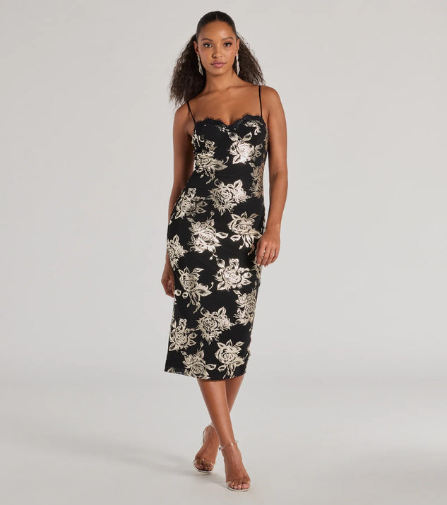 With its mid-calf hem and popular flattering fit, the Elevated Vibe Foiled Floral Mesh Midi Dress in black nails the balance of trend and ease, redefining go-to midi dresses for any occasion.