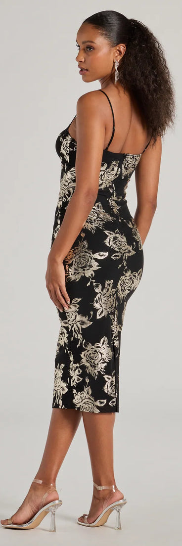 Celebrate in style with the Elevated Vibe Foiled Floral Mesh Midi Dress, a black formal wedding guest dress featuring an elegant silhouette and luxe details, perfect for a black-tie celebration.