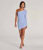 Make a bold statement in the Sparkly Night One-Shoulder Glitter Mini Dress in blue, the perfect spring dress for weddings, cocktail hours, nights out, and/or seasonal celebrations.