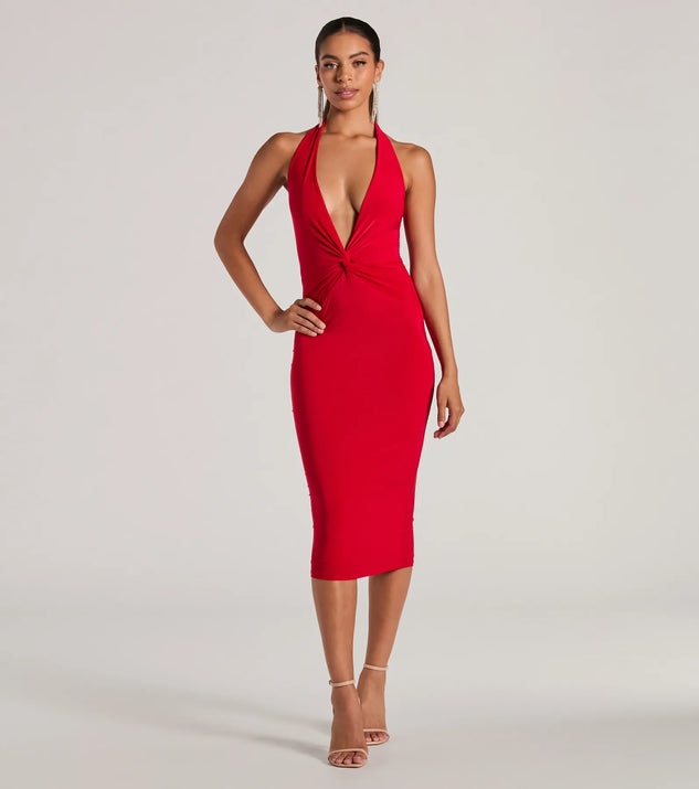Evening Of Sultry Plunge V-Neck Halter Midi Dress Windsor