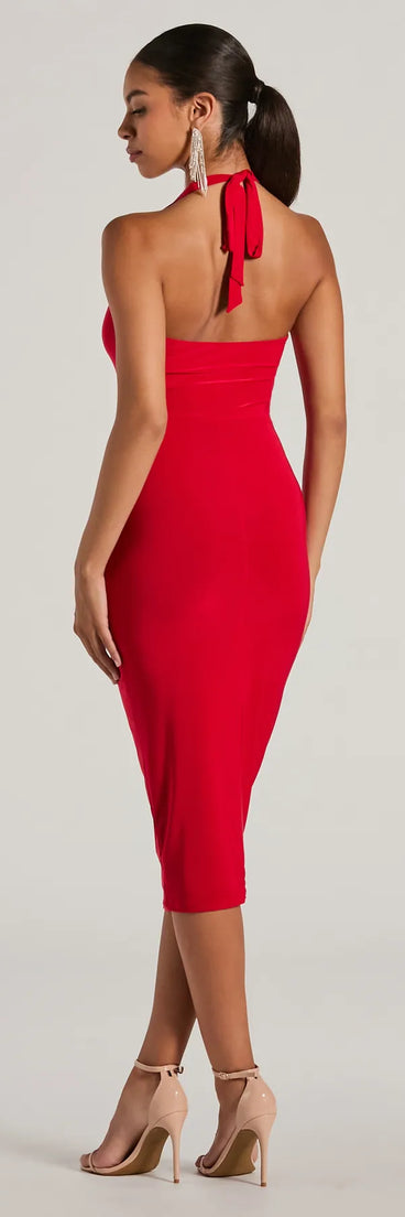 Evening Of Sultry Plunge V-Neck Halter Midi Dress | Windsor Evening Of Sultry Plunge V-Neck Halter Midi Dress | Windsor