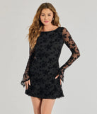 Chic Sheer Sleeve Floral Velvet Burnout Mini Dress, a trendy black mini dress featuring modern details and a fresh seasonal hue, perfect for creating chic 2025 looks.
