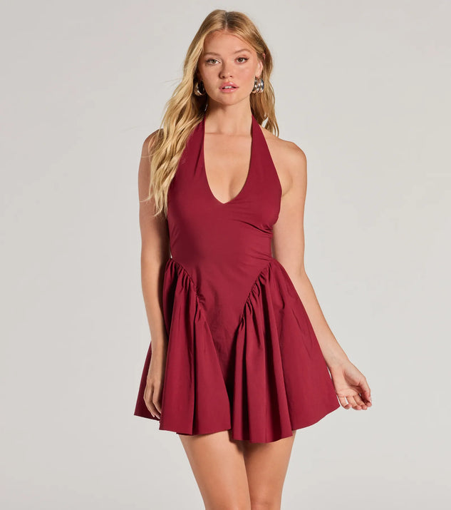 Step into winter chic with the Cutest Vibe Halter Drop Waist Skater Dress, a wine mini dress featuring an above-the-knee cut ideal for cocktail parties, festive gatherings, or clubwear.