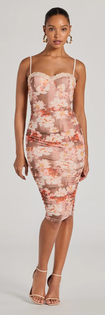 The Blooming Romance Floral Mesh Bodycon Midi Dress is a stylish taupe lace dress, designed with intricate lace and an alluring silhouette, making it an elegant choice for Valentine's Day, weddings, or effortless spring looks.