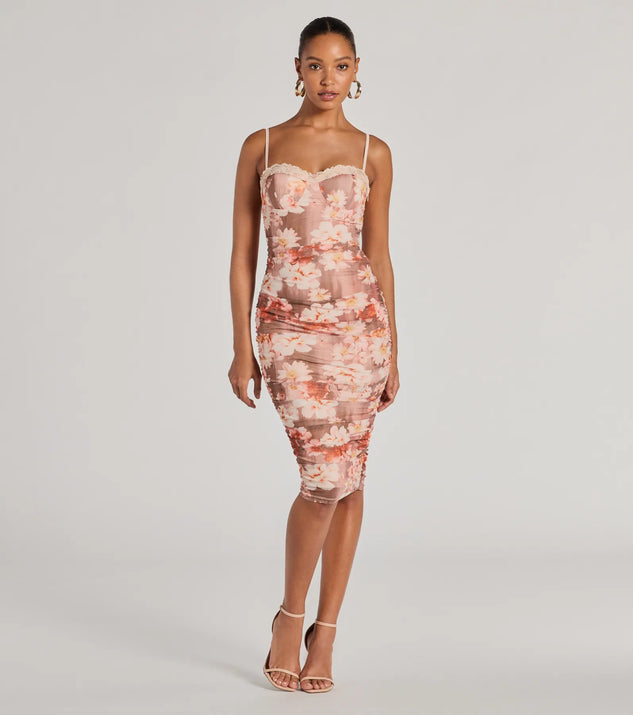 The Blooming Romance Floral Mesh Bodycon Midi Dress is a stylish taupe lace dress, designed with intricate lace and an alluring silhouette, making it an elegant choice for Valentine's Day, weddings, or effortless spring looks.