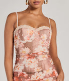 The Blooming Romance Floral Mesh Bodycon Midi Dress is a stylish taupe floral dress featuring a fresh seasonal print and flattering design, perfect for garden parties, bridal showers, Valentine's Day celebrations, or everyday spring styling.