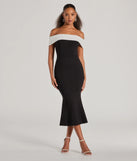 The midi dress length on the Enticing Sultry Off-The-Shoulder Mermaid Midi Dress provides an elevated silhouette perfect for any party, occasion, or everyday styling.