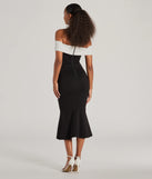 The midi dress length on the Enticing Sultry Off-The-Shoulder Mermaid Midi Dress provides an elevated silhouette perfect for any party, occasion, or everyday styling.